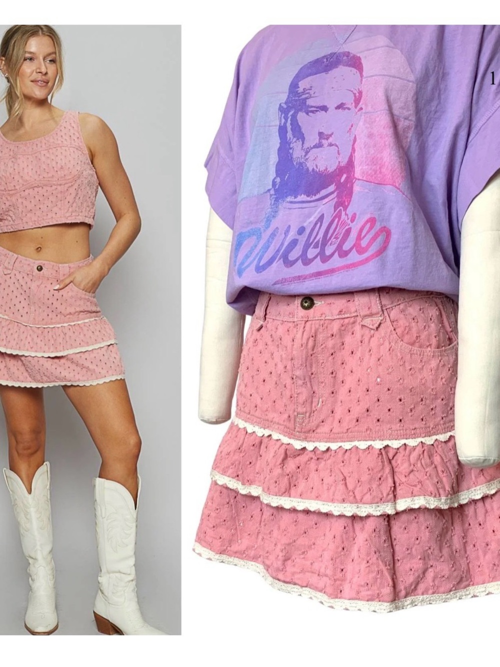POL Tiered Ruffle Lace Trim Pink Eyelet Mini Skirt